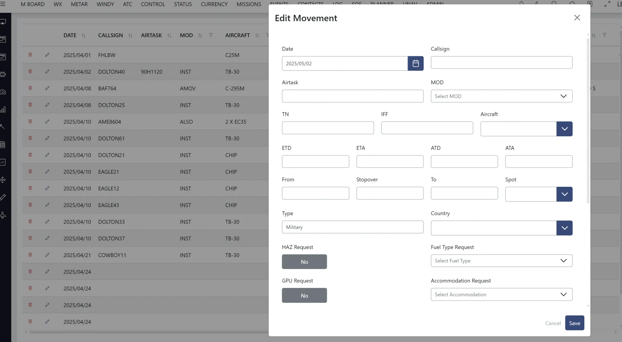 Flight line movement tracking interface